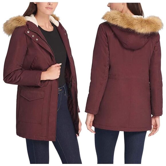 Levi Strauss Sherpa Faux fur lined hooded Cargo Parka Coat Red Small NWT